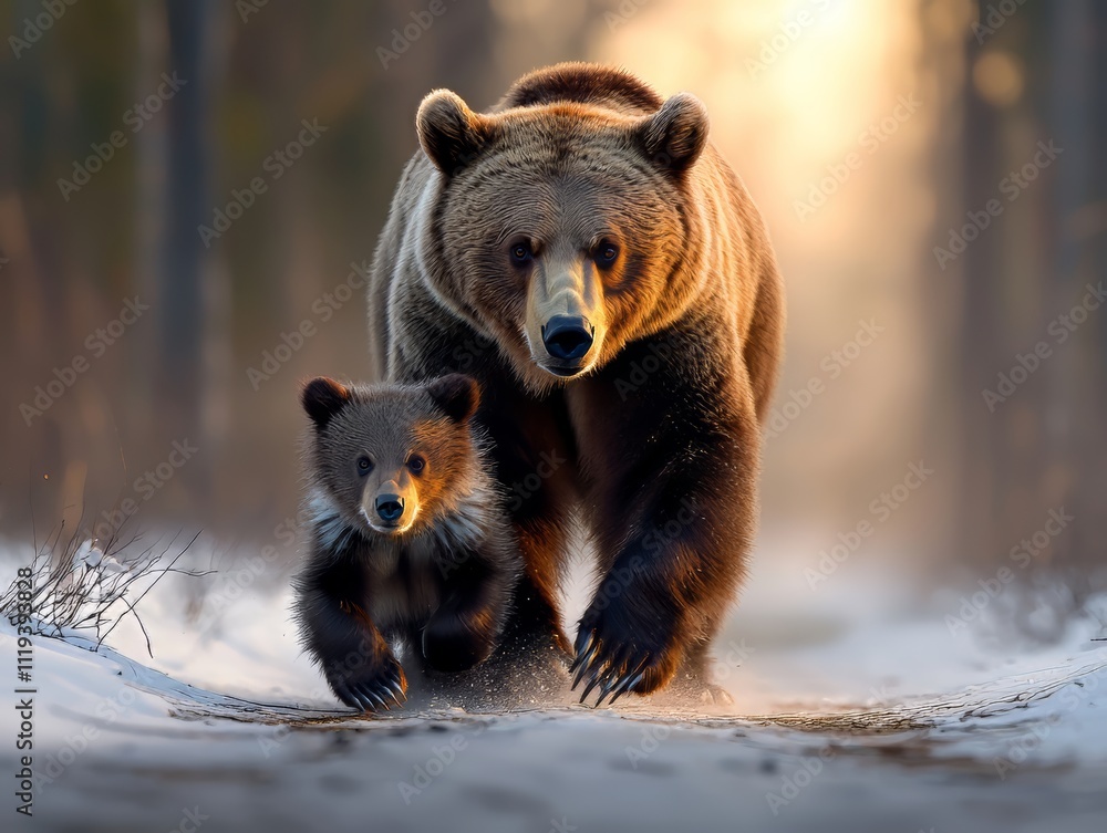 Fototapeta premium A Tender Bond: Mother and Baby Bear in the Wild