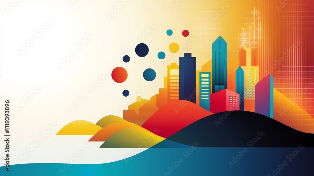 Abstract Futuristic Innovation - Colorful Tech Patterns on Urban Background Abstract Futuristic Innovation - Colorful Tech Patterns on Urban Background