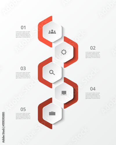 Step by step red infographic template with 5 steps, options, parts or processes.