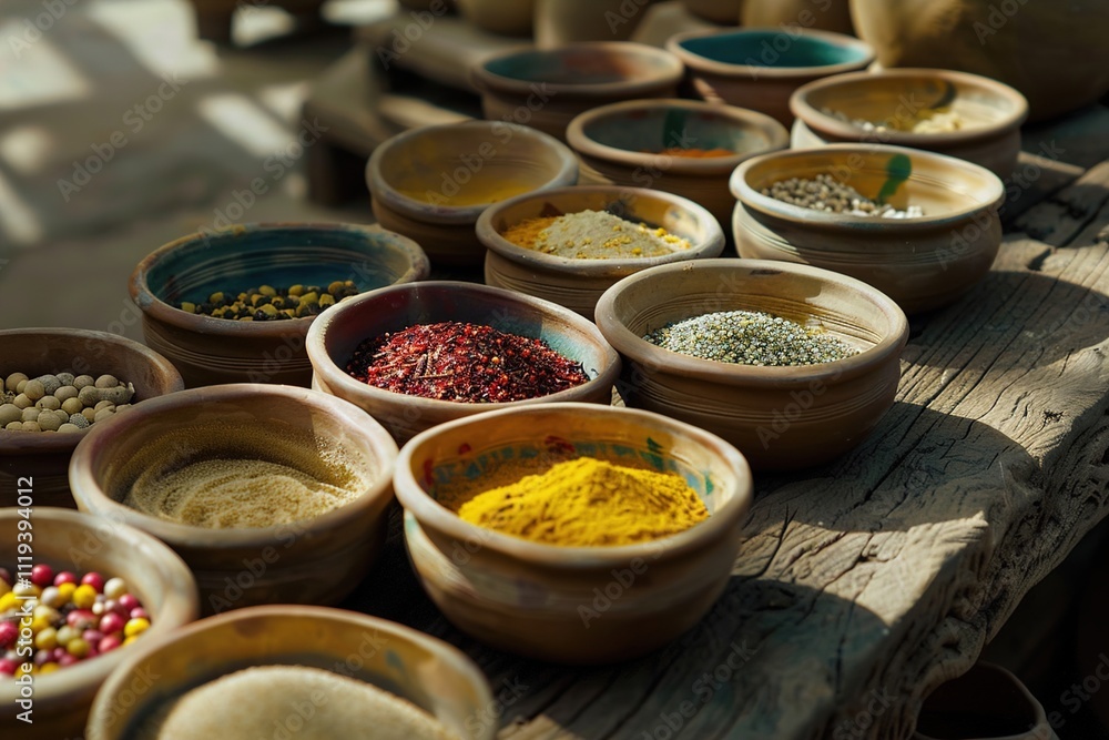 A vibrant display of traditional spices in clay bowls, each with a unique texture and color, arranged on a rustic table. A vibrant display of traditional spices in clay bowls, each with a unique texture and color, arranged on a rustic table.