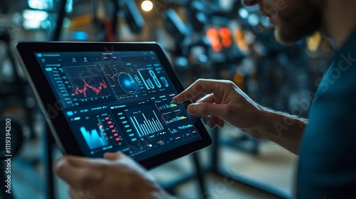 Man analyzing data on tablet, charts, graphs, fitness background.