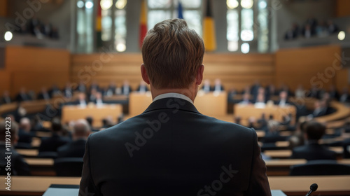 member of parliament sits in formal setting, facing legislative assembly. atmosphere is serious, with officials engaged in discussion