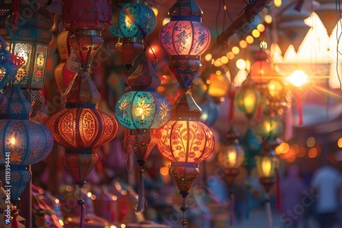A vibrant scene of lanterns in diverse shapes and colors hanging from a market stall, glowing softly against the setting sun.
