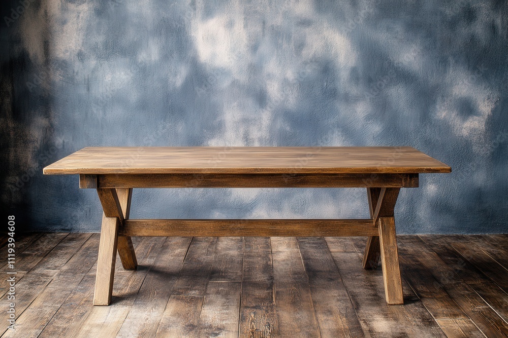 Wooden table against a textured blue backdrop. Wooden table against a textured blue backdrop.