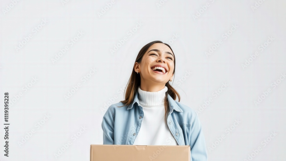 Joyful Woman Holding Box: Perfect for E-commerce, Online Shopping, and Happy Customer Marketing Joyful Woman Holding Box: Perfect for E-commerce, Online Shopping, and Happy Customer Marketing