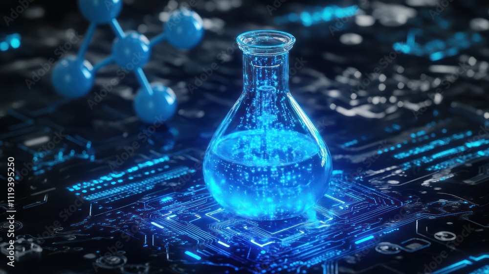 Laboratory flask with glowing liquid on a circuit board Laboratory flask with glowing liquid on a circuit board