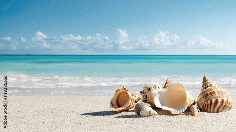 Seashells scattered on soft sand along peaceful beach, with gentle waves lapping at shore, create serene coastal scene Seashells scattered on soft sand along peaceful beach, with gentle waves lapping at shore, create serene coastal scene