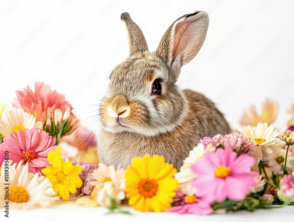Adorable and calming portrait of a rabbit surrounded by a vibrant array of colorful flowers showcasing a serene and natural pet photography with soft natural tones on an isolated white background Adorable and calming portrait of a rabbit surrounded by a vibrant array of colorful flowers showcasing a serene and natural pet photography with soft natural tones on an isolated white background