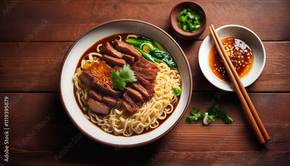 Japanese traditional ramen consists of ramen or noodles, eggs, sliced meat, vegetables and spicy soup sauce in a bowl on a wooden table with copy space for text. Japanese food. Japanese traditional ramen consists of ramen or noodles, eggs, sliced meat, vegetables and spicy soup sauce in a bowl on a wooden table with copy space for text. Japanese food.