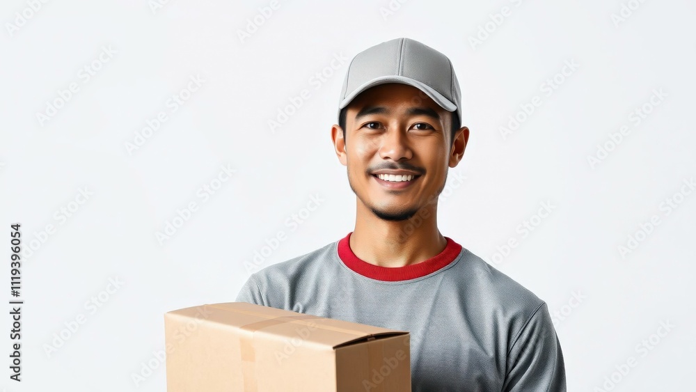 Smiling Delivery Man Holding Cardboard Box - Perfect for Logistics, Delivery Services, and E-commerce Marketing Smiling Delivery Man Holding Cardboard Box - Perfect for Logistics, Delivery Services, and E-commerce Marketing