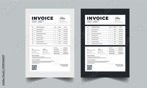 Business invoice template. Money bills, Price invoices, Tax form, Payment agreement, Bill or Payment receipt page layout design with 2 page color full concept design