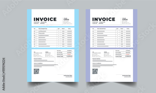 Business invoice template. Money bills, Price invoices, Tax form, Payment agreement, Bill or Payment receipt page layout design with 2 page color full concept design