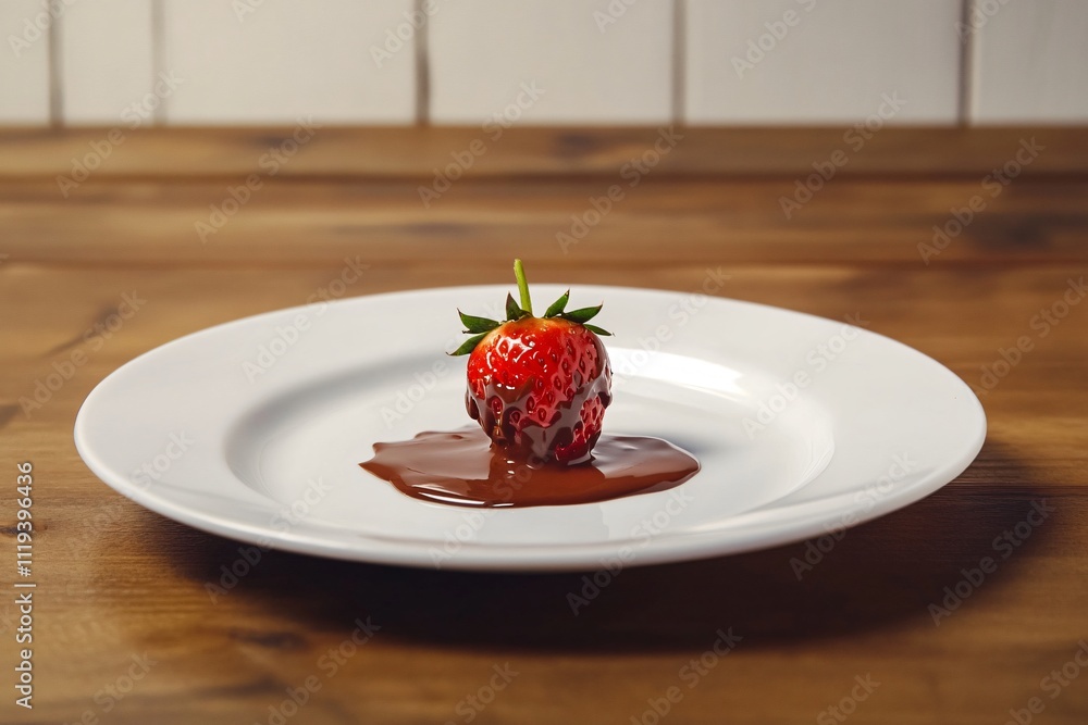 Fresh Strawberry Dipped in Rich Chocolate on Simple White Plate Fresh Strawberry Dipped in Rich Chocolate on Simple White Plate