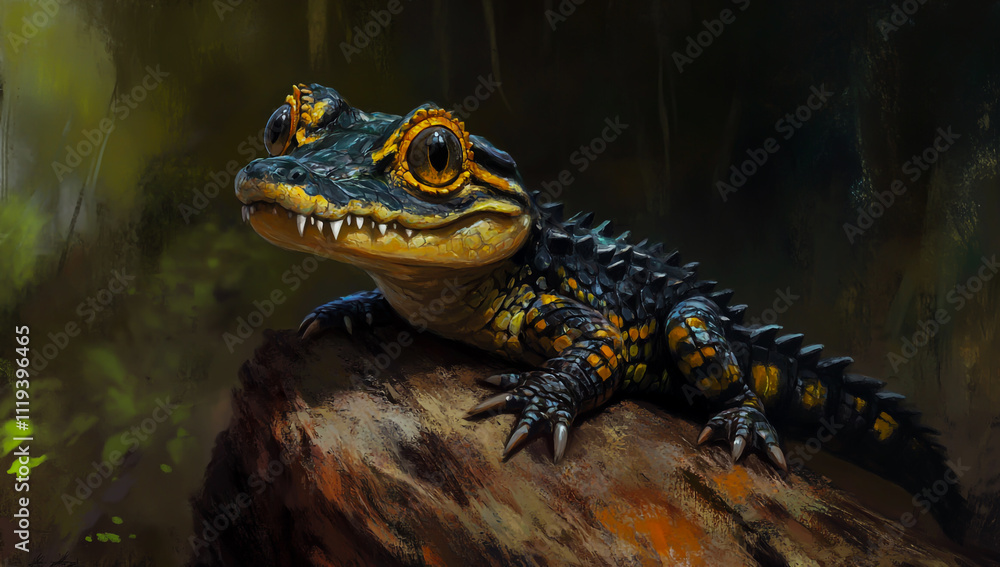 A baby crocodile with its head tilted to the side, sitting on top of a tree trunk in nature A baby crocodile with its head tilted to the side, sitting on top of a tree trunk in nature