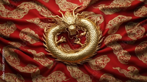 Detailed golden dragon design on a radiant red and gold backdrop for themes of abundance and power. photo