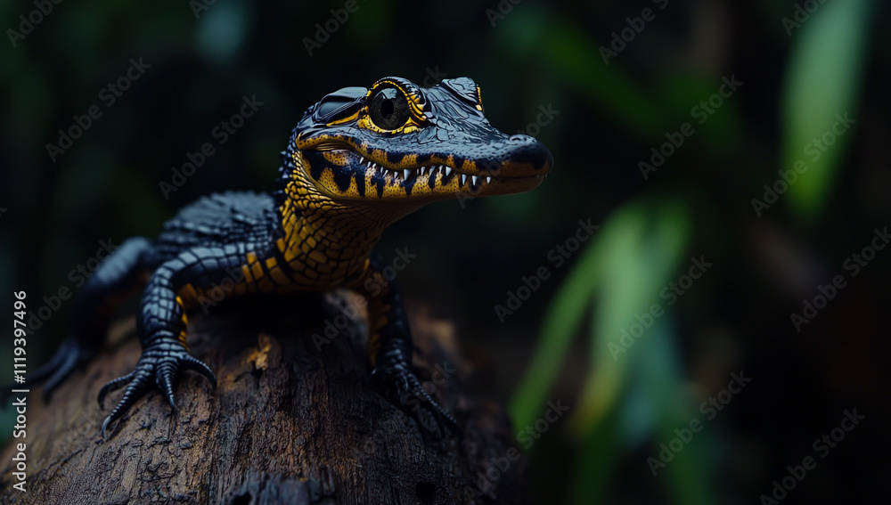 A baby crocodile with its head tilted to the side, sitting on top of a tree trunk in nature A baby crocodile with its head tilted to the side, sitting on top of a tree trunk in nature
