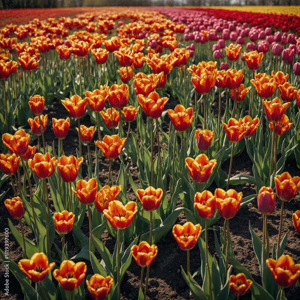 A garden of tulips in every color imaginable under a spring sky. A garden of tulips in every color imaginable under a spring sky.