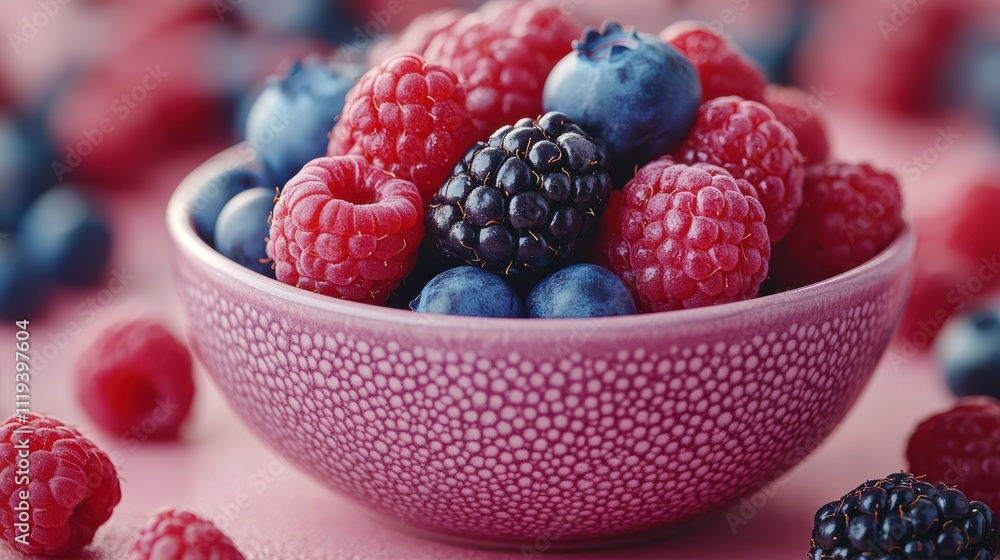 A small ceramic bowl brimming with fresh, colorful berries including raspberries, blueberries, and blackberries. A small ceramic bowl brimming with fresh, colorful berries including raspberries, blueberries, and blackberries.