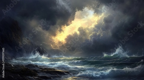 Stormy sky over a rugged coastline, with dramatic waves and dark clouds