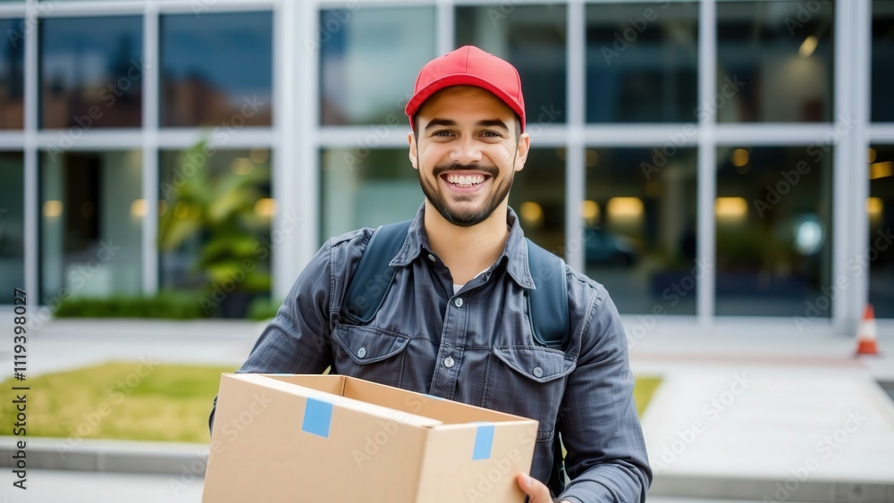 Smiling Delivery Man with Package: Perfect for Logistics, Shipping, and Customer Service Marketing Smiling Delivery Man with Package: Perfect for Logistics, Shipping, and Customer Service Marketing
