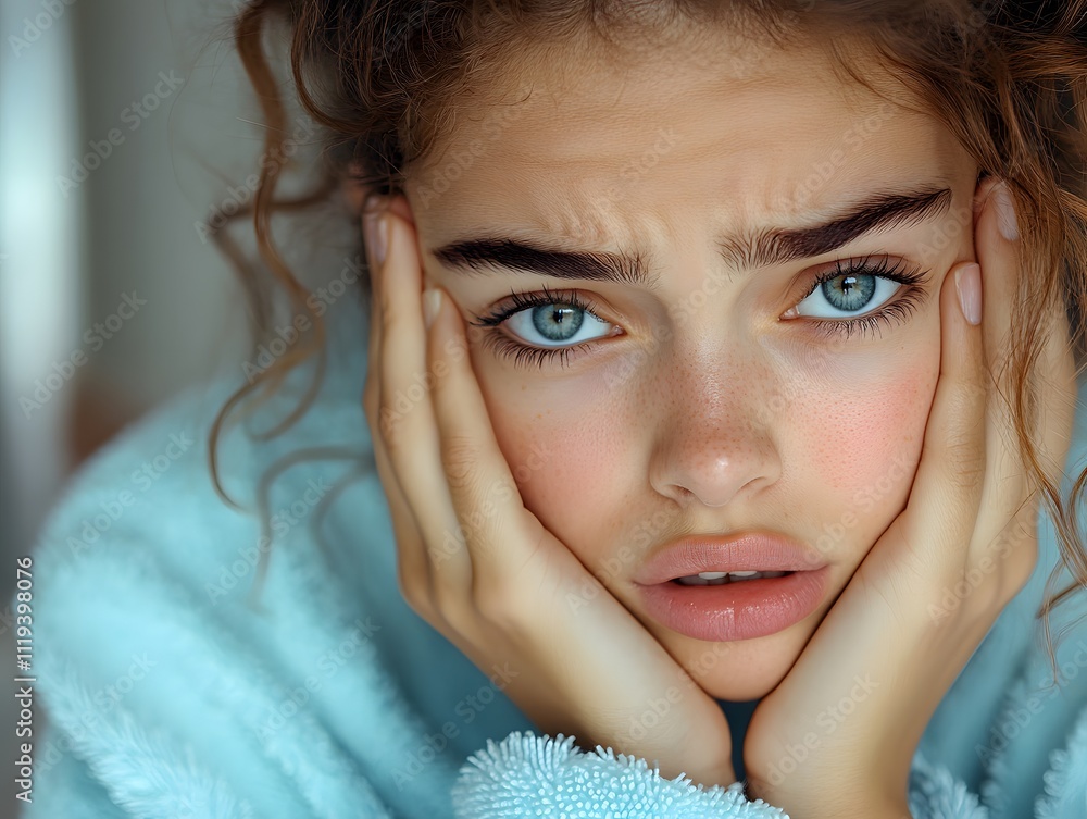 Young woman with a worried expression about her skin problem evokes a sense of insecurity, suitable for use in advertising skin care products or beauty services that help solve specific problems. Young woman with a worried expression about her skin problem evokes a sense of insecurity, suitable for use in advertising skin care products or beauty services that help solve specific problems.