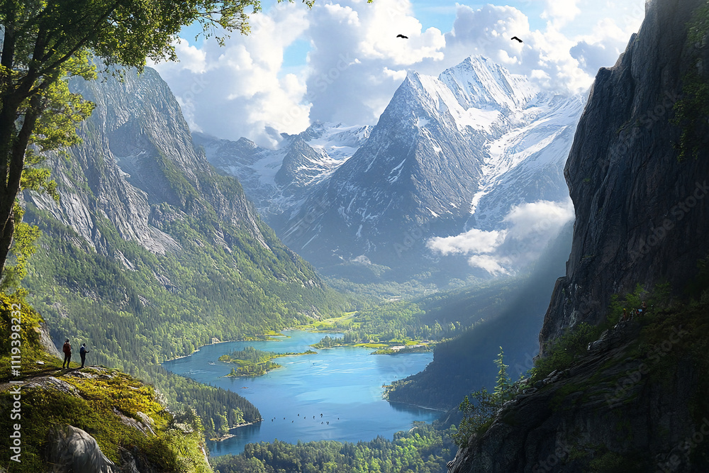 Obraz premium mountain valley with a serene blue lake at its center. Snow capped peaks in the background partially shrouded by clouds