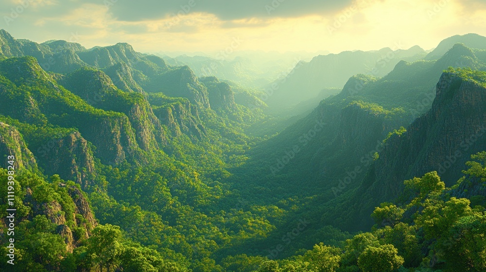 Fototapeta premium Lush green mountain valley at sunset.