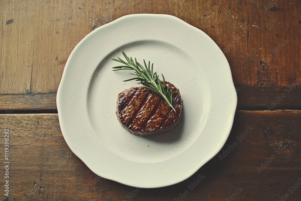 Grilled Steak with Fresh Rosemary on Elegant Plate Grilled Steak with Fresh Rosemary on Elegant Plate