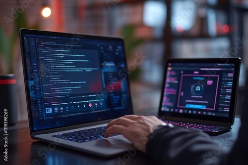 Programmer coding on two laptops at night.