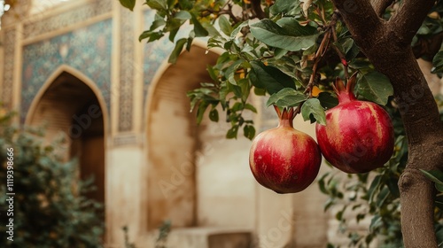 Ripe pomegranates in lush garden with ornate architectural background