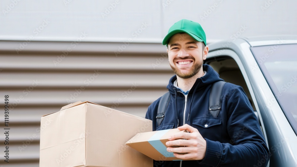 Happy Delivery Man Holding Package, Perfect for Logistics, Shipping, and Customer Service Content Happy Delivery Man Holding Package, Perfect for Logistics, Shipping, and Customer Service Content