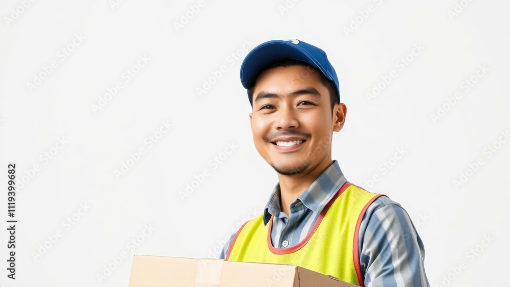 Smiling Delivery Man Holding Package - Ideal for Logistics, Delivery Services, and Customer Satisfaction Marketing Smiling Delivery Man Holding Package - Ideal for Logistics, Delivery Services, and Customer Satisfaction Marketing