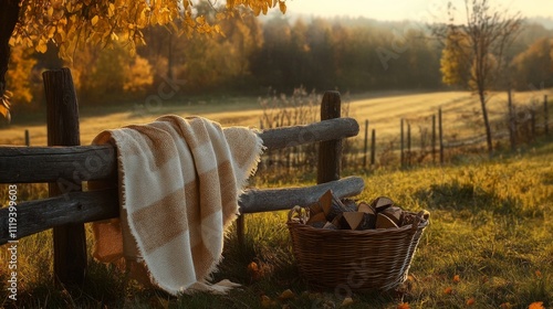 Cozy autumn morning: blanket on rustic fence by basket of firewood
