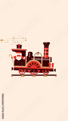 Santa Claus rides in an old-fashioned steam locomotive with gifts, the Christmas bell is ringing. 4K looped animation for smartphone