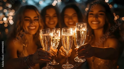 Four women are holding up their champagne glasses, smiling