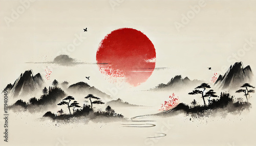 Serene Landscape with Hinomaru　Japanese Ink Wash Painting photo