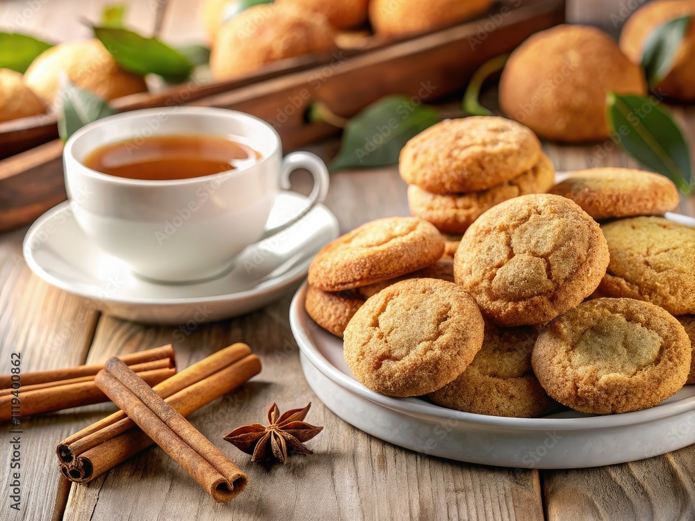 Warm Cinnamon Snickerdoodles & Tea: High-Definition Cozy Autumn Baking Photography Warm Cinnamon Snickerdoodles & Tea: High-Definition Cozy Autumn Baking Photography