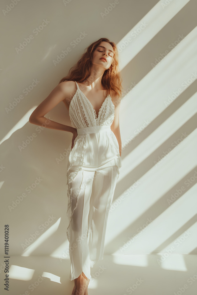 Serene Woman in White Lace Jumpsuit Basking in Sunlight Serene Woman in White Lace Jumpsuit Basking in Sunlight