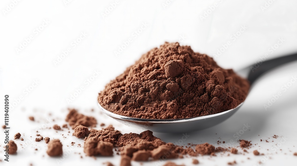 Studio shot of cocoa powder placed in a shiny metal spoon on a clean white background. The cocoa powder has a rich texture, emphasizing the contrast between the dark cocoa and the light background. Studio shot of cocoa powder placed in a shiny metal spoon on a clean white background. The cocoa powder has a rich texture, emphasizing the contrast between the dark cocoa and the light background.