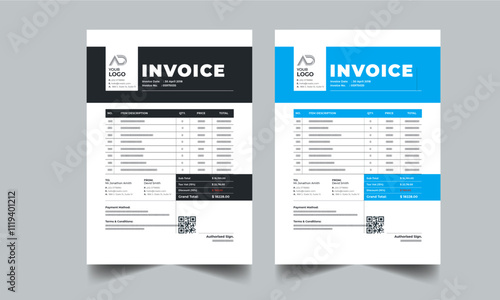 Business invoice template. Money bills, Price invoices, Tax form, Payment agreement, Bill or Payment receipt page layout design with 2 page color full concept design
