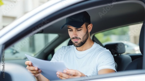 Confident Delivery Driver Checking Documents in Car