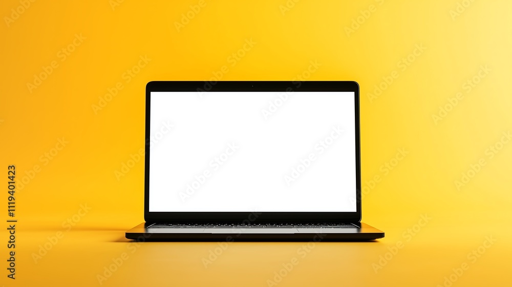 A minimalistic image of an open laptop with a blank white screen, placed against a vibrant solid yellow background. A minimalistic image of an open laptop with a blank white screen, placed against a vibrant solid yellow background.