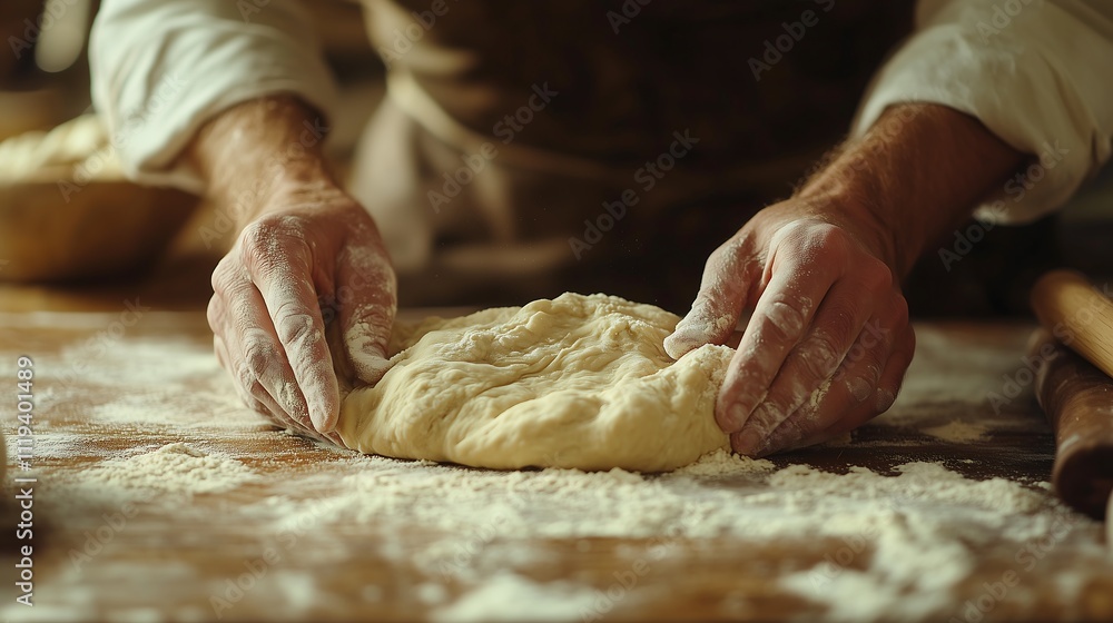 A detailed close-up of hands kneading dough on a wooden table. The focus is on the hands and the dough, showing the texture of the flour and the smooth wooden surface beneath. A detailed close-up of hands kneading dough on a wooden table. The focus is on the hands and the dough, showing the texture of the flour and the smooth wooden surface beneath.