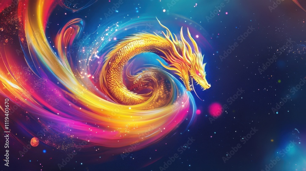Dynamic golden dragon in a swirling pose with glowing accents on a vibrant background. Dynamic golden dragon in a swirling pose with glowing accents on a vibrant background.