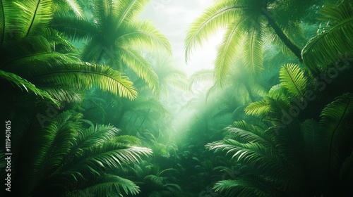 Lush tropical jungle path with sunlight.