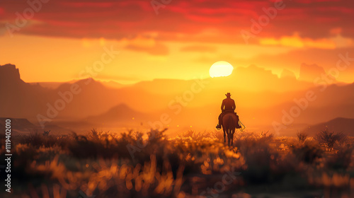 Solitary silhouette of a Cowboy on a Horseback at Sunset - the Spirit of the Western Frontier