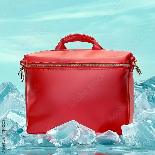 red plastic bag on ice background with cool