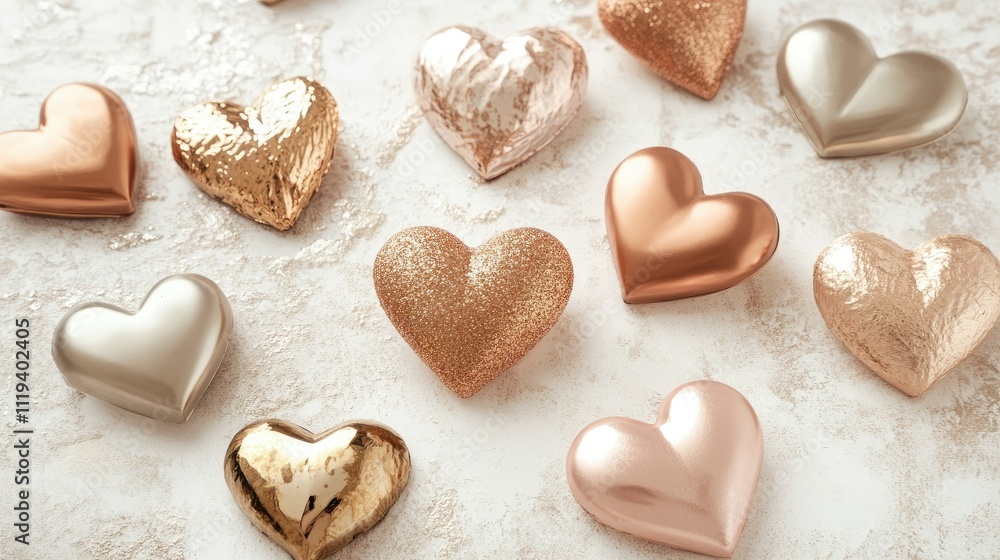 A collection of metallic rose gold and gold heart decorations, styled on a smooth and light-colored surface A collection of metallic rose gold and gold heart decorations, styled on a smooth and light-colored surface