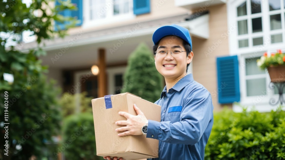 Smiling Delivery Man Holding Package in Front of House - Ideal for Logistics, Delivery Services, and E-commerce Marketing Smiling Delivery Man Holding Package in Front of House - Ideal for Logistics, Delivery Services, and E-commerce Marketing