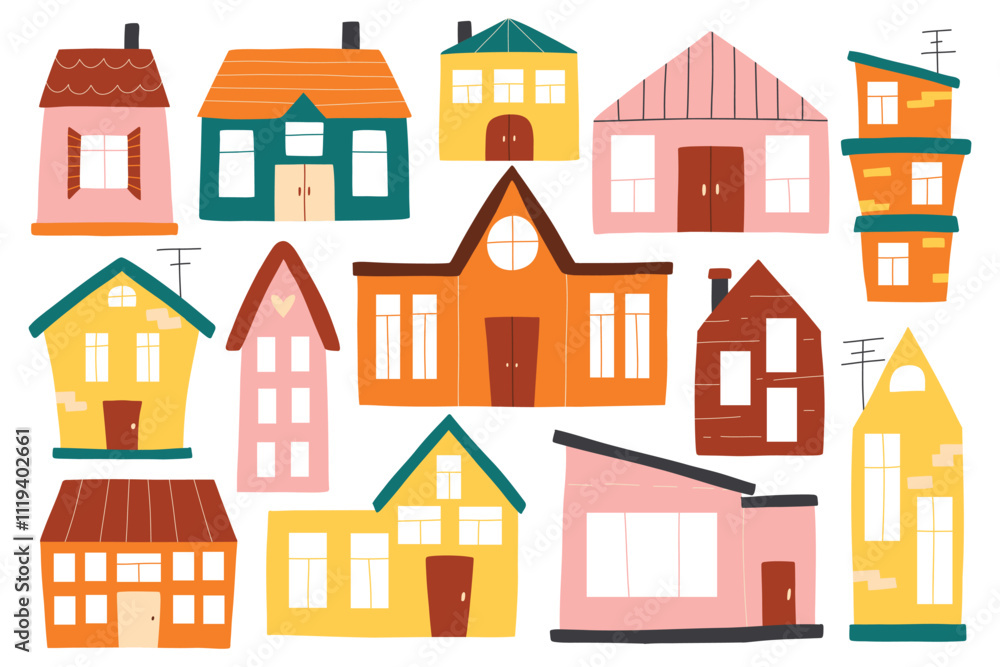 Set of houses in boho style. Vector collection of clip arts with houses in hand-drawn style. Isolated simple houses. Set of houses in boho style. Vector collection of clip arts with houses in hand-drawn style. Isolated simple houses.